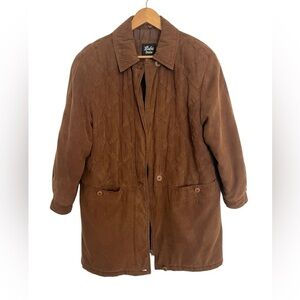 Vintage Brown Faux Suede Quilted Coat 90s Oversized Jacket Size 10